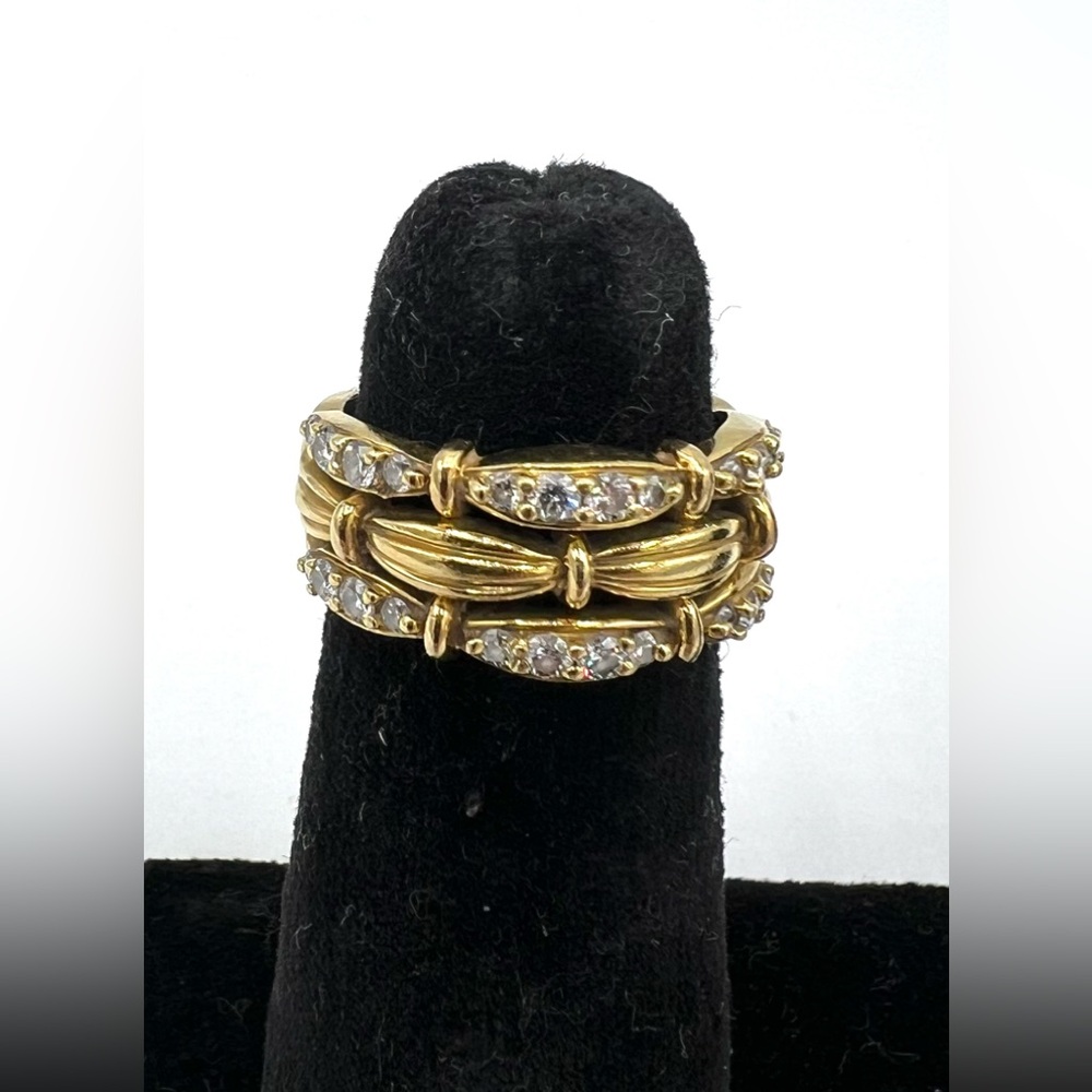 Tiffany & Co. 18K Gold and Diamond 3 Row Ribbon Style Band Ring. Size 6. 8 gtw